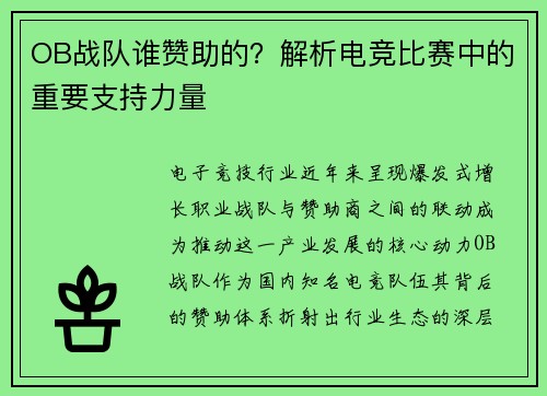 OB战队谁赞助的？解析电竞比赛中的重要支持力量