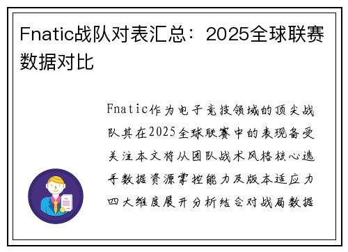 Fnatic战队对表汇总：2025全球联赛数据对比
